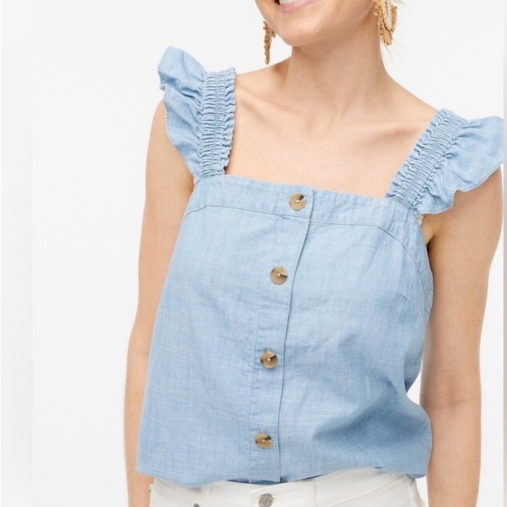 J. Crew Blue Button-Front Ruffle Blouse